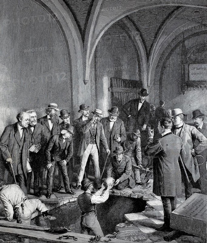 The excavation of Kant's remains, in 1880 the mortal remains of Immanuel Kant were exhumed to build a new funeral chapel at Königsberg Cathedral, Historical, authentic, digitally restored reproduction from a 19th century original, Record date not stated