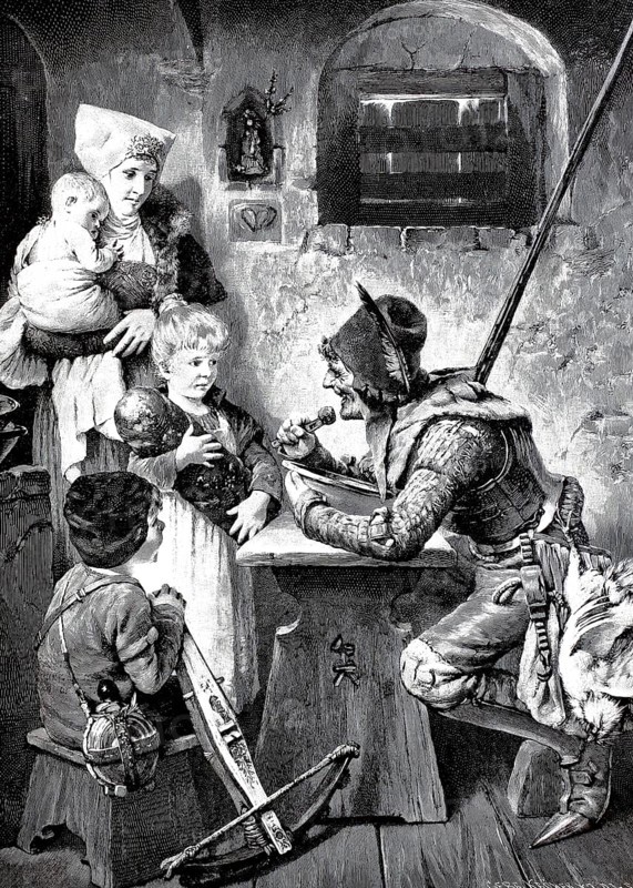 Hungry guest, quartered lansquenet eating in the farmhouse, tells the children history. One of the children holds his crossbow and water bottle, 1890, Historical, authentic, digitally restored reproduction from a 19th century original, Record date not stated