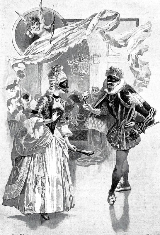Madame Pompadour and Marquis Posa at a masked ball. Jeanne-Antoinette Poisson, dame Le Normant d'Etiolles, marquise de Pompadour, duchesse de Menars (born 29 December 1721 in Paris, died 15 April 1764 in Versailles), from 1745 to 1751 the maitresse en titre at the court of the French King Louis XV, Historical, authentic, digitally restored reproduction from a 19th century original, Record date not stated