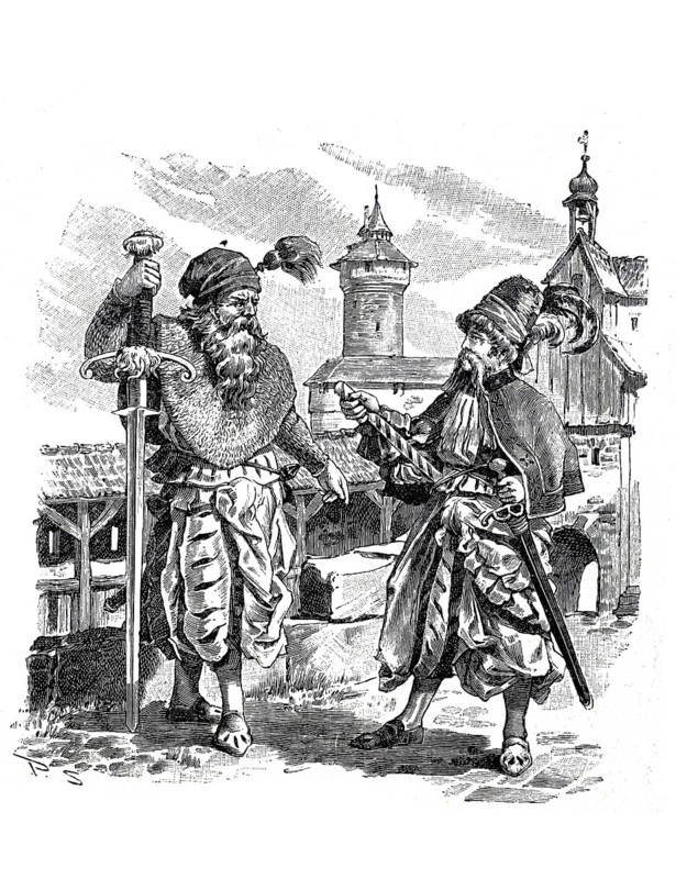 Executioner and Profotz, Prosecutor, with the Landsknechts, German mercenaries of the late 15th and 16th century in a camp, here in Nuremberg, Germany, Historical, authentic, digitally restored reproduction from a 19th century original, Record date not stated