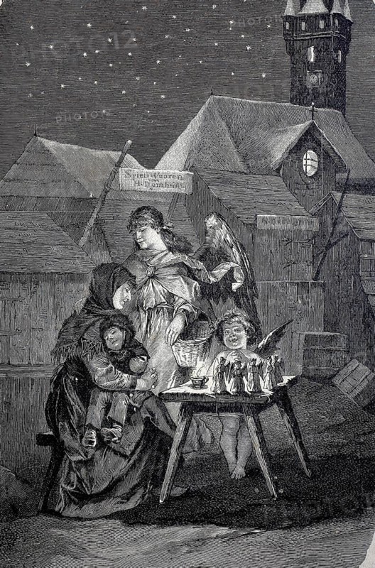 Symbolic Christmas, Angel has a sales table with angel figurines in the toy village, Christmas angel, village scene in the evening, 1890, Historical, authentic, digitally restored reproduction from a 19th century original, Record date not stated