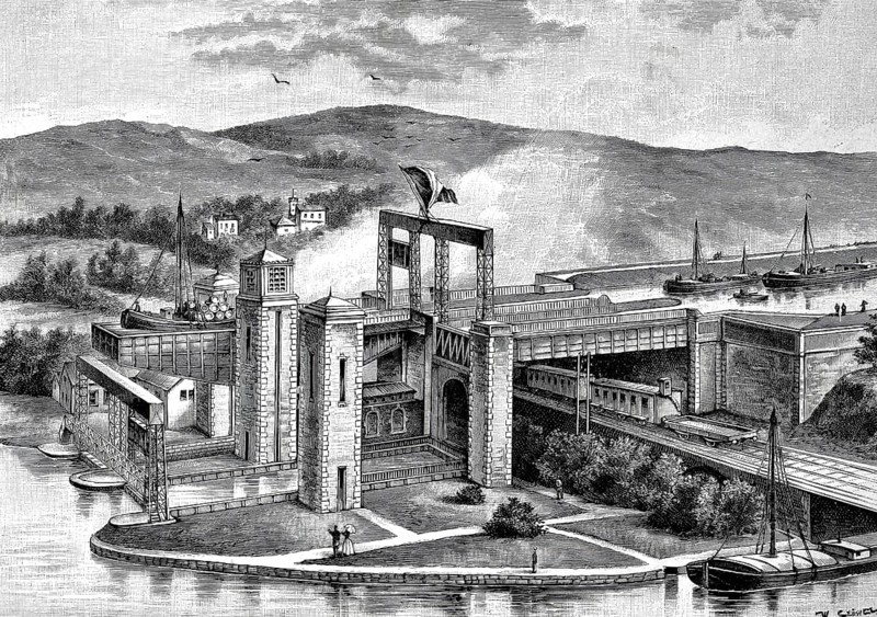 Hydraulic boat lift Les Fontinettes, connecting the river Aa with the Canal de Neuffosse, 1880, France, Historic, authentic, digitally restored reproduction from a 19th century original, Record date not stated