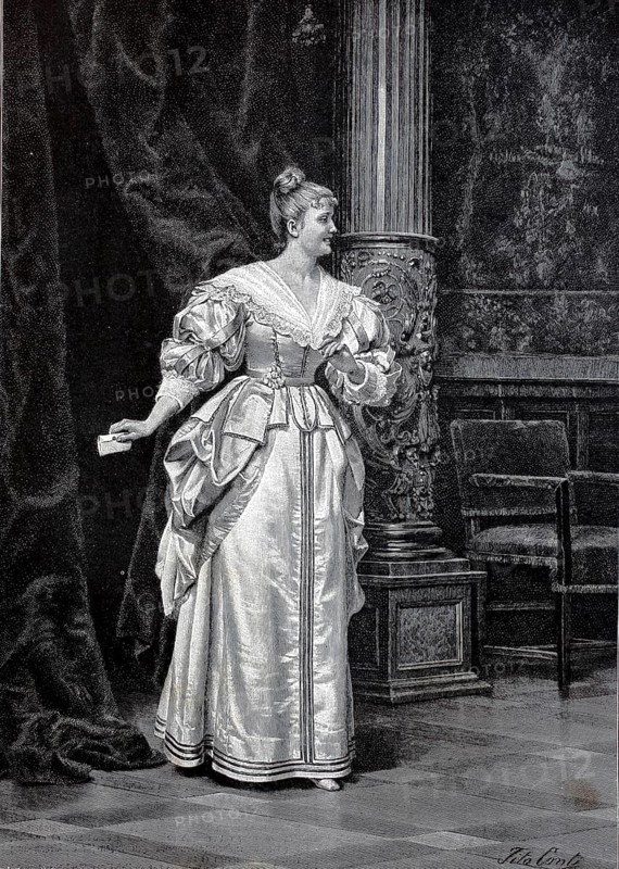 Secret correspondence, distinguished lady passes a letter secretly through a curtain to the back, secret, discretion, 1890, Historical, authentic, digitally restored reproduction from a 19th century original, Record date not stated