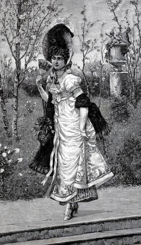 Elegant young lady walking through the park, around 1800, Historical, authentic, digitally restored reproduction from a 19th century model, Record date not stated