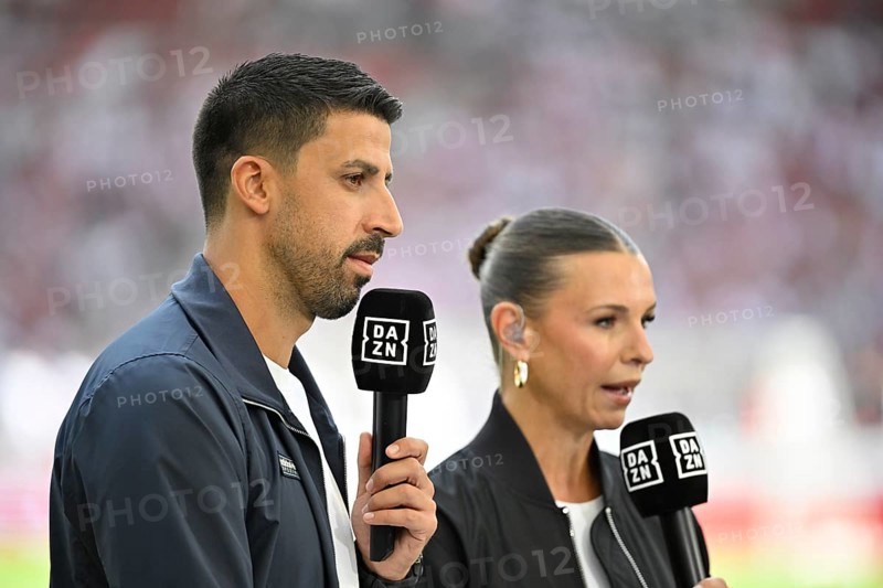 DAZN TV expert Sami Khedira, in interview Microphone Logo Presenter Laura Wontorra, Bundesliga, MHPArena, MHP Arena Stuttgart, Baden-Württemberg, Germany
