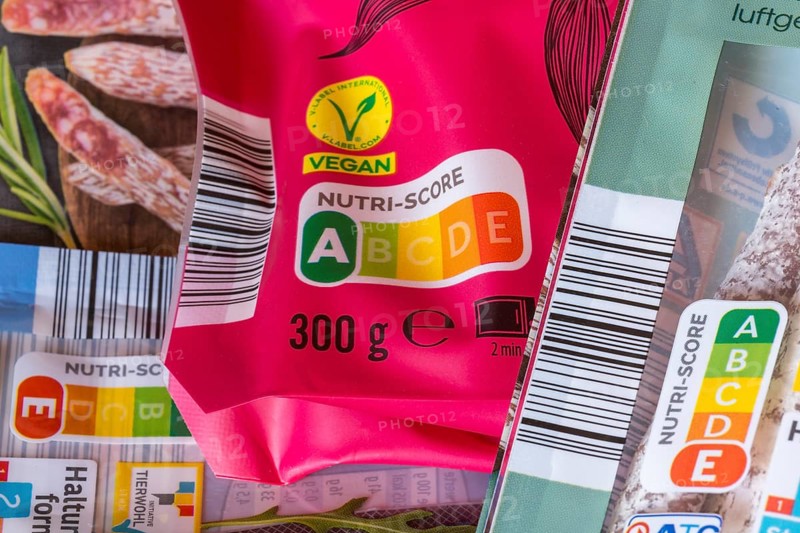 Food with vegan seal and Nutri-Score, pink packaging, Baden-Württemberg, Germany
