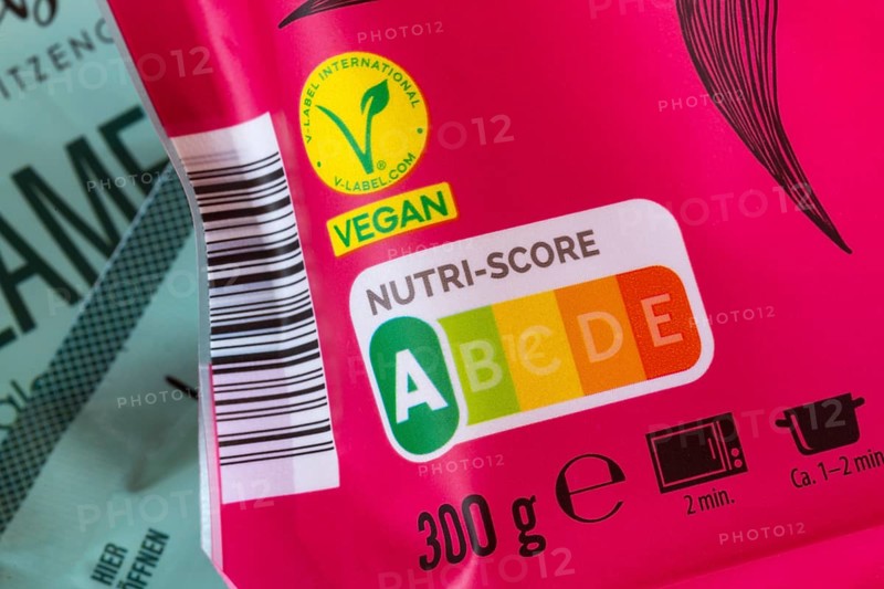 Pink food packaging label with vegan Nutri-Score, Baden-Württemberg, Germany