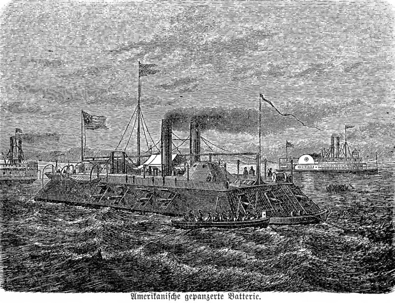 American armoured battery, various armoured ships, warships, steamships, paddle steamer, fleet, at sea, flags, swell, North America, two funnels, rowing boat, inventions in the 19th century, technology, industry, historical illustration 1872, Germany