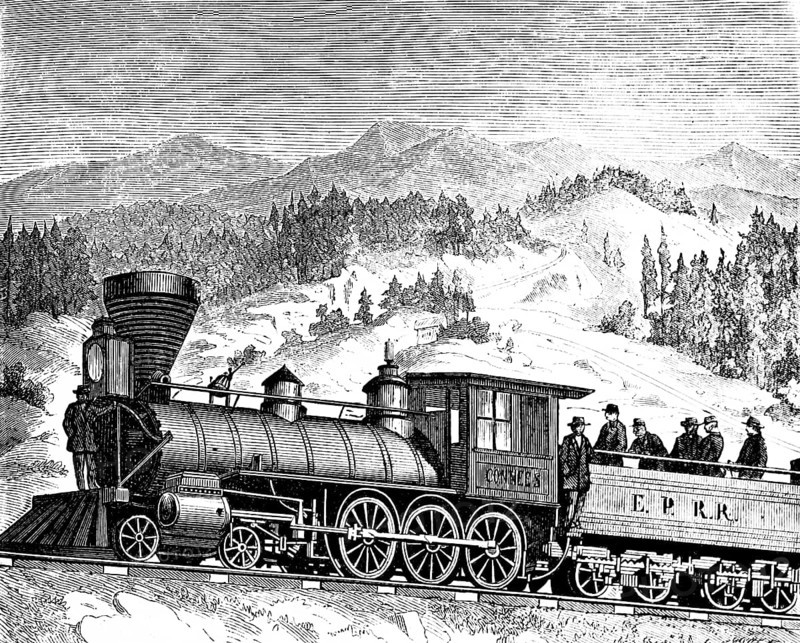 Locomotive for the Pacific Railway, steam locomotive, inscription EPRR, Pacific Railway, railway, rail traffic, tracks, people, mountain landscape, North America, inventions in the 19th century, mechanical engineering, technology, industry, historical illustration 1872, Germany