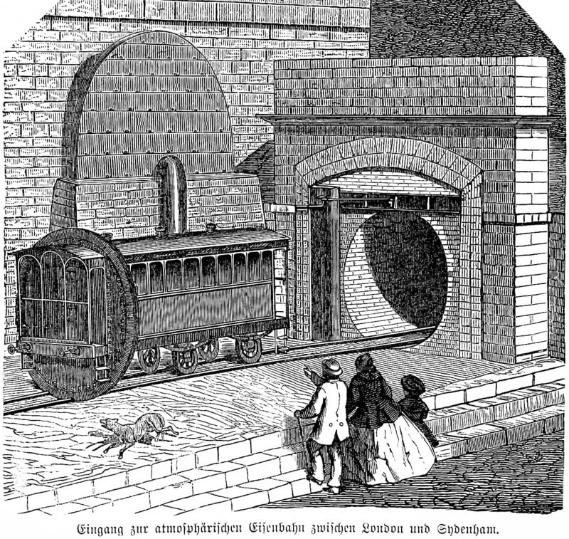 Entrance to the atmospheric railway between London and Sydenham, English engineers Clegg and Samuda, piston, tunnel, tube, spectator, dog, inventions in the 19th century, mechanical engineering, technology, industry, historical illustration 1872, Germany