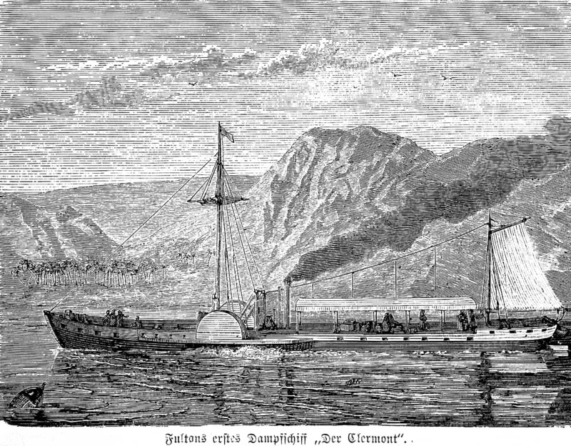 Fulton's first steamboat The Clermont on the Hudson River between New York and Albany, paddle steamer, side-wheel steamer, propulsion, sails, American engineer Robert Fulton, smoke, inventions in the 19th century, shipbuilding, mechanical engineering, technology, industry, historical illustration 1872, Germany