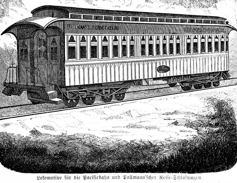 Pullmann's journey sleeping car of the Pacific railway, rail traffic, tracks, wagon, rest, sleep, North America, inventions in the 19th century, mechanical engineering, technology, industry, historical illustration 1872, Germany