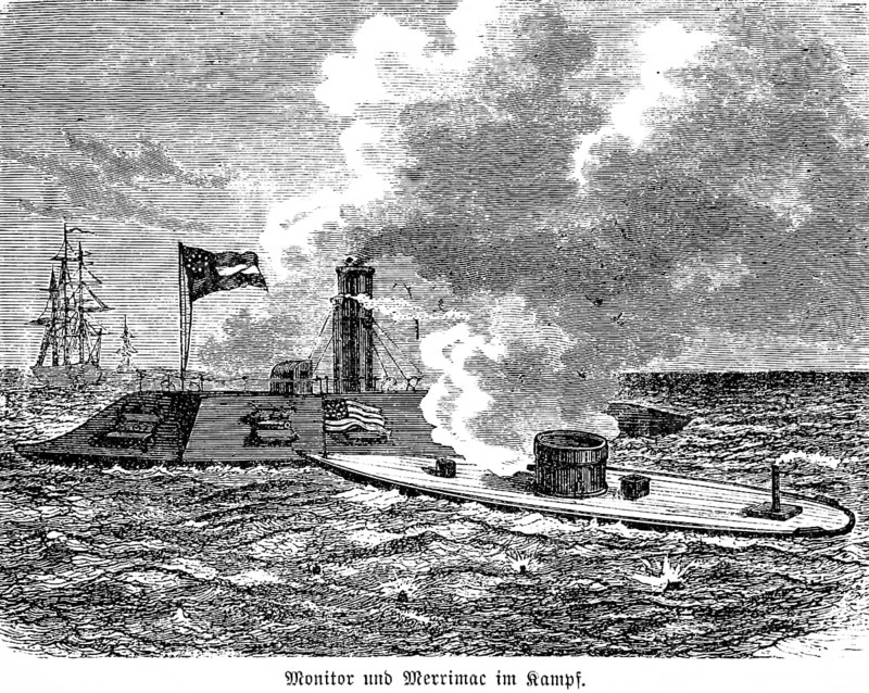 Tower ship screen and the Merrimac in battle, naval battle, US flag, armoured warships, swell, firing cannons, inventions in the 19th century, technology, industry, historical illustration 1872, Germany