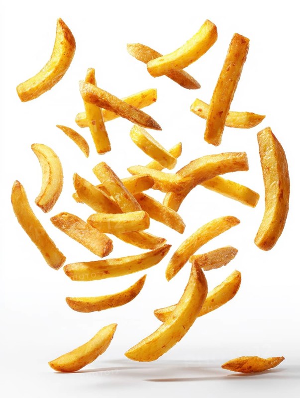 Fried, greasy, French fries, French fries, fall on the background, crispy and appetising, symbolic image for unhealthy diet, fast food, snack bar, street food, saturated fatty acids, acrylamide, KI generated, KI generated