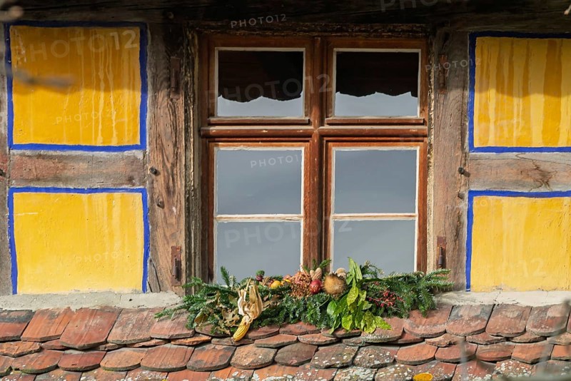 Window in a half-timbered house with Christmas decorations, Alsace, France