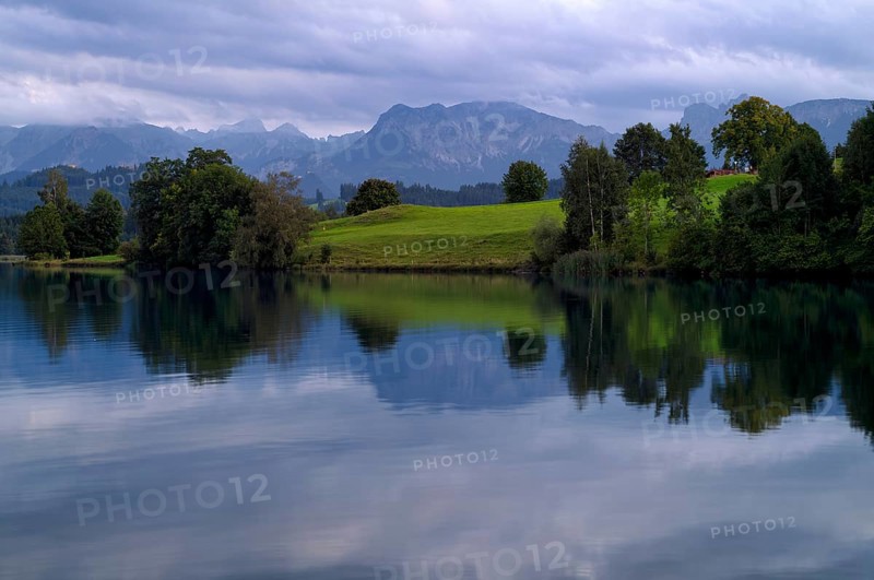 Swimming lake, Schwaltenweiher near Seeg, Allgäu Alps, Ostallgäu, Allgäu, Swabia, Bavaria, Germany