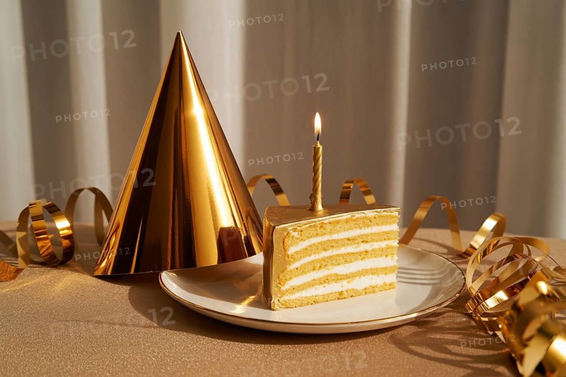 Golden party cat with slice of golden birthday cake and candles. Celebration with festive golden garland. Generative Ai, AI generated