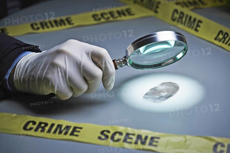 Forensic officer wearing glove examining fingerprint with magnifying glass. Symbolizes crime solving and meticulous evidence inspection.. Generative ai, AI generated