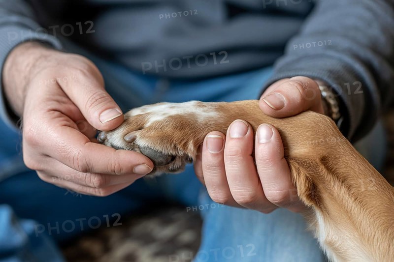 Person gently holding dog paw in close up. Shows the trust and loving bond between human and pet. Generative ai, AI generated