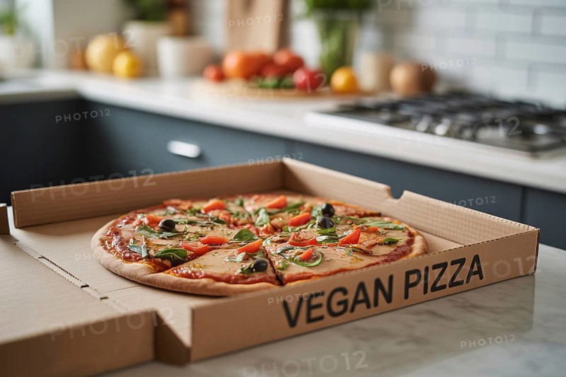 Vegetable pizza in box labeled vegan pizza on kitchen counter. Healthy plant-based fast food option at home. Generative ai, AI generated