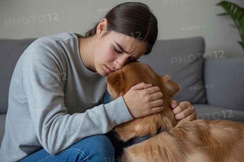 Worried young woman hugging her dog. Shows emotional support and the strong bond between woman and pet during difficult times. Generative ai, AI generated