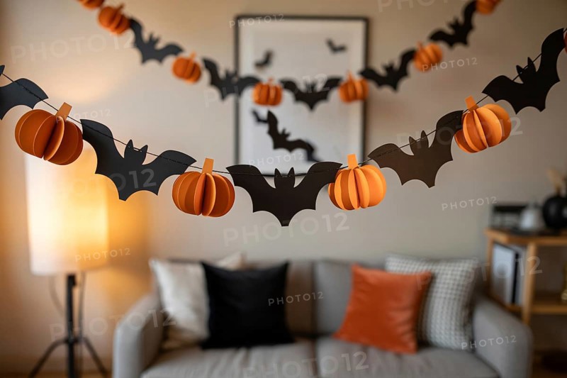 Black and orange Halloween garland with bats and pumpkins hanging in cozy living room. Generative ai, AI generated