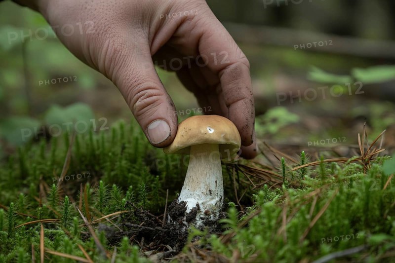 Close up of hand picking up small brown edible mushroom in forest. Generative ai, AI generated