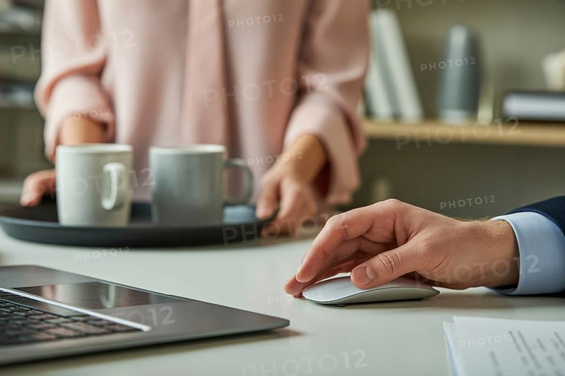 Woman holding a tray with white coffee mugs next to a man's hand on a large wireless mouse. Gender roles in the office. Generative ai, AI generated