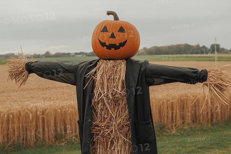 Scarecrow with pumpkin head with painted Halloween face and black jacket. Generative ai, AI generated