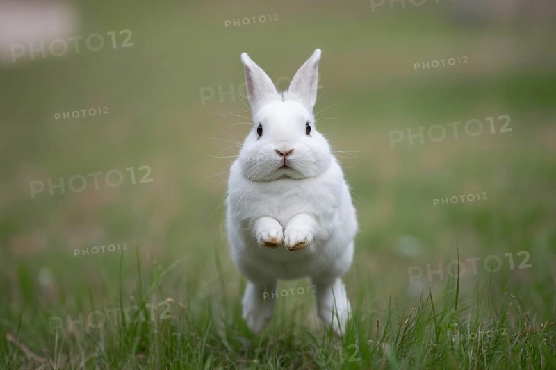 White bunny jumping toward camera through green grass. Playful and energetic wildlife moment in nature, AI generated