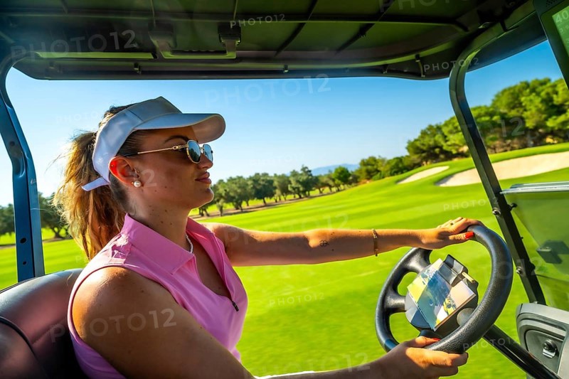 Young woman enjoying a sunny day driving a golf cart across a vibrant golf course, embracing leisure and active lifestyle amidst beautiful scenery