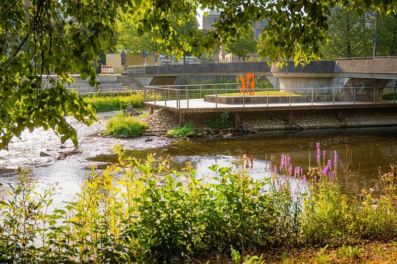 Urban river landscape with a bridge and industrial features, embedded in greenery, Nagold, district of Calw, Black Forest, Germany
