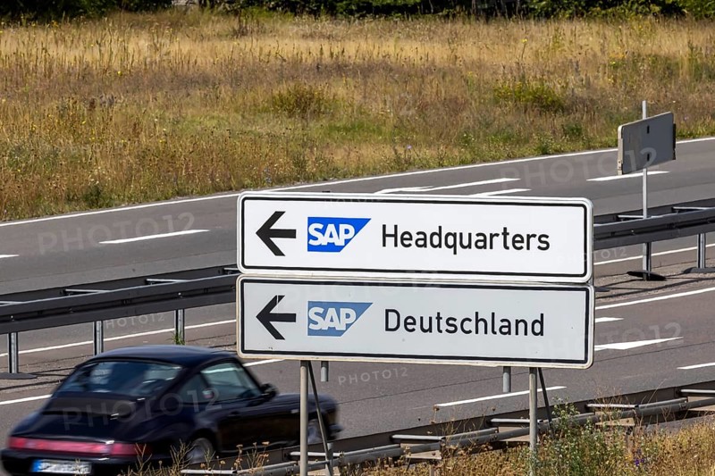 SAP Headquarters and SAP Germany. Traffic sign in Walldorf near the headquarters of the SAP software company. Walldorf Baden-Württemberg, Germany