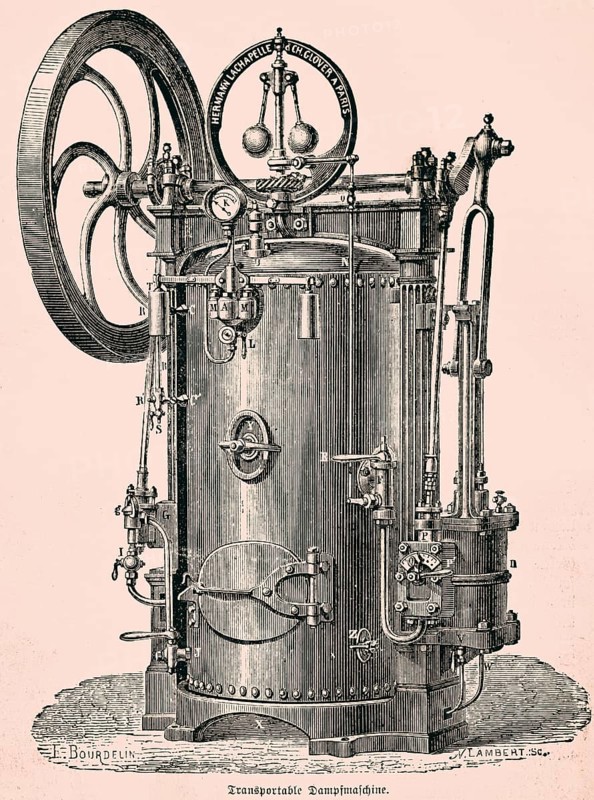 Transportable steam engine, upright tubular boiler, piston rod turns the belt wheel, horizontal use in steam locomotives, cylinder, development, technology, inventions in the 19th century, industry, historical illustration 1872, Germany