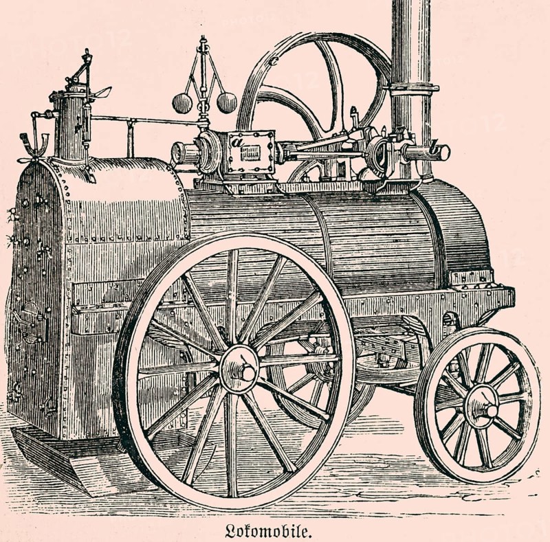Steam locomotive with horizontal transportable steam engine, vehicle, piston rod turns the belt wheel, technology, industry, inventions in the 19th century, historical illustration 1872, Germany