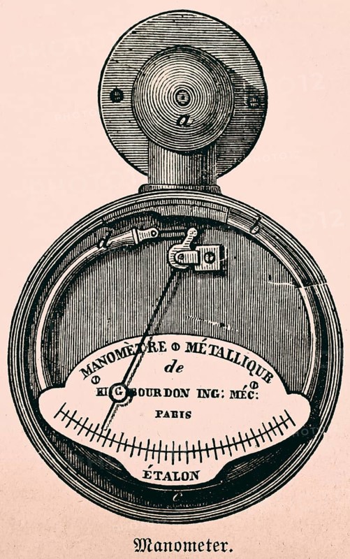 Bourdon manometer for pressure measurement, instrument maker Eugène Bourdon, scale, technology, device, metal material, development, use in locomotives, manufacture in Paris, industry, inventions in the 19th century, historical illustration 1872, Germany
