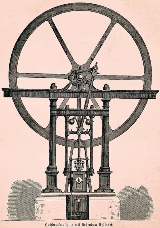 High-pressure engine with vertical cylinder, improved efficiency, use in steamships, wheel, slide valve box, slide valve, construction, technology, industry, inventions in the 19th century, historical illustration 1872, Germany