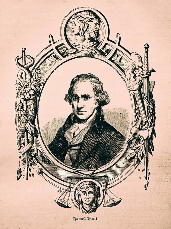 James Watt, Scottish inventor, patented improvement of the steam engine, type of condensation, Watt's parallelogram, technology, industry, inventions in the 19th century, portrait in oval, serious look, ornamentation, historical illustration 1872, Germany