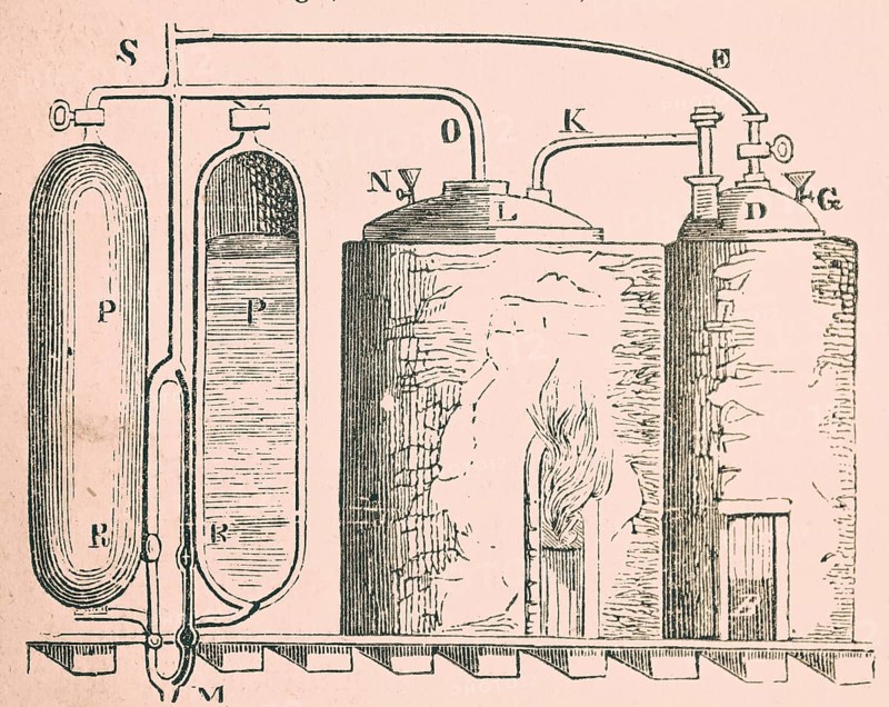 Thomas Savery's steam engine, English engineer and inventor, patented technology, connected boilers, fire in steam boiler, heat, inventions in the 17th century, construction, industry, historical illustration 1872, Germany