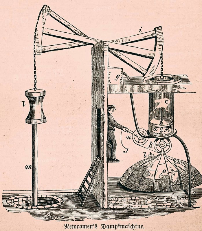 Steam engine by Newcomen, English locksmith and inventor, inventions in industrialisation, steam cylinder (c), road beam (i), pipes, pump, 18th century, technology, construction, industry, historical illustration 1872, Germany