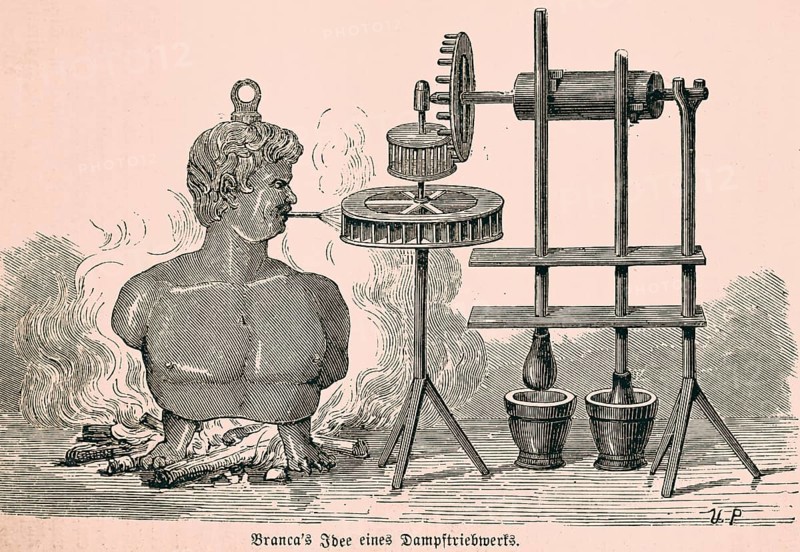Giovanni Branca's idea of a steam engine, Italian engineer, design of a turbine, fire, generating steam, drive, cogwheel, cylinder, apparatus, experiment, idea, technology, construction, industry, inventions in the 17th century, historical illustration 1872, Germany