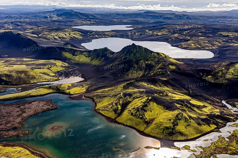 Lakes, river, mountains, mountain landscape, aerial view, sunny, summer, backlight, Langisjör, Icelandic Highlands, Iceland