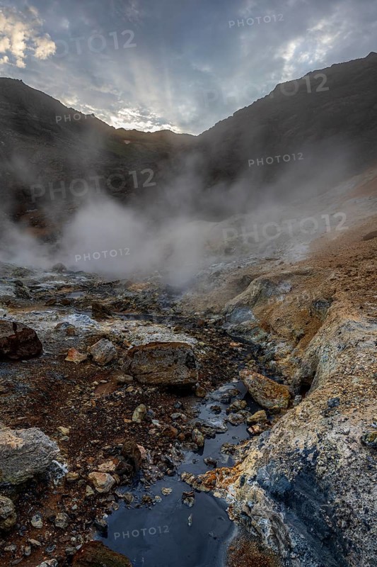 Hot springs, geothermal field, cloudy, evening mood, backlight, summer, Krysuvik, Reykjanes Peninsula, Iceland