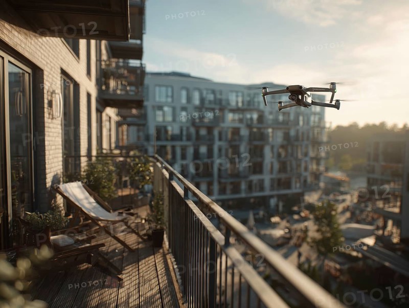 Ein Fernpilot steuert sein Quadrocopter, Drohne in einem dicht besiedeltem Wohngebiet und nähert sich sehr nahe an ein Wohngebäude, Balkon, um illegale Videoaufnahmen oder Fotos zu erstellen, Symbolbild für unbefugtes Fotografieren von Personen, innerhalb eines geschützten Bereiches, Verletzung der Privatsphäre, Persönlichkeitsrechte, Missachtung von Flugverbotszonen, Datenschutz, AI generated
