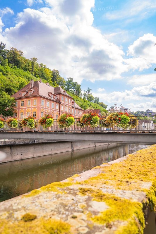 Picturesque riverside with a historic building and lush flowers on the bridge, small town pearl Calw, Black Forest, Germany