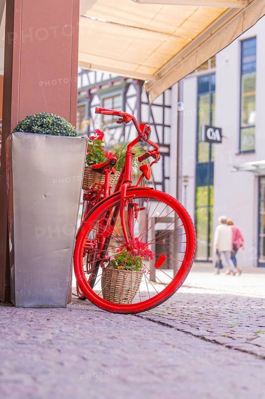 Decorative red bicycle with flower baskets in front of modern buildings in the city centre, small town of Perle Calw, Black Forest, Germany