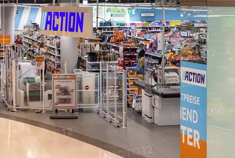 Action, Dutch non-food discounter with more than 3000 shops in 13 European countries. Bargain store in the Königsbau Passagen shopping centre in Stuttgart with logo and shelves. Stuttgart, Baden-Württemberg, Germany