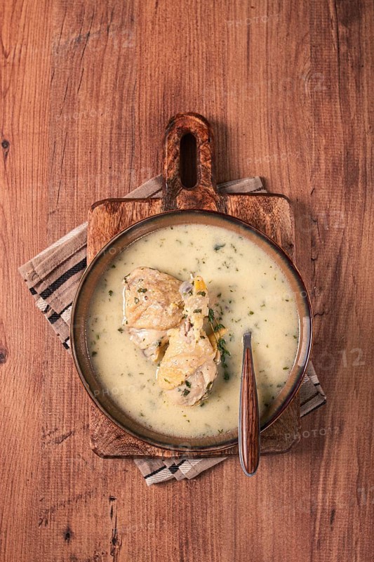 Chikhirtma chicken soup, Georgian dish, with lavash, top view, no people
