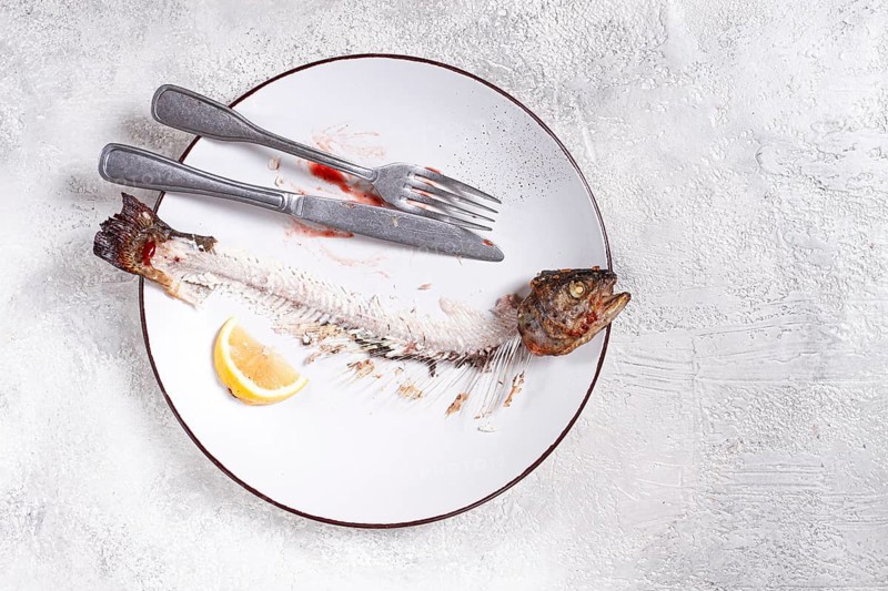 The remains of fish on a plate with a fork and knife, the skeleton of a rainbow trout, after lunch, top view, no people