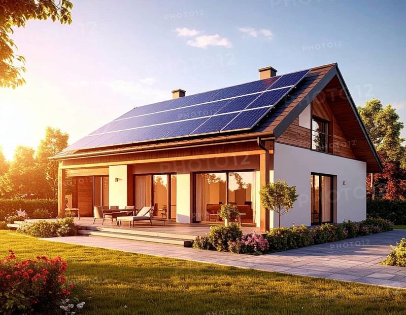 Residential house with solar panels on the roof, beautiful sunrise, AI generated
